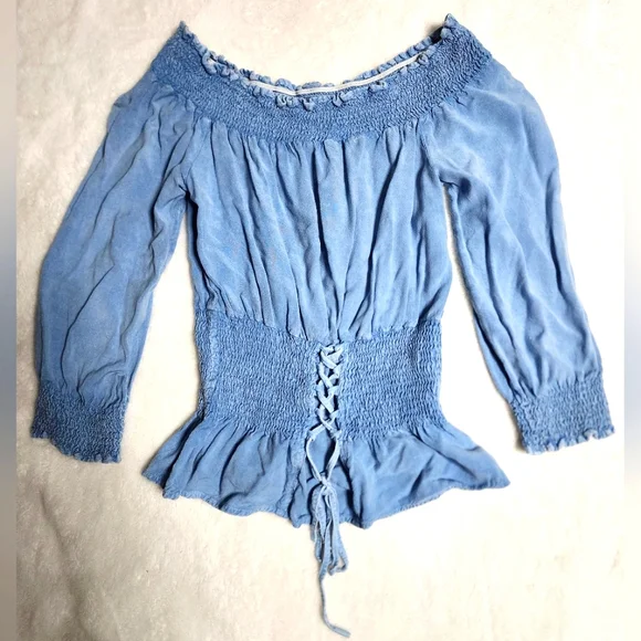 Style Envy Top Size S Small Crop Off Shoulder Denim Shirt Blouse - Picture 1 of 5